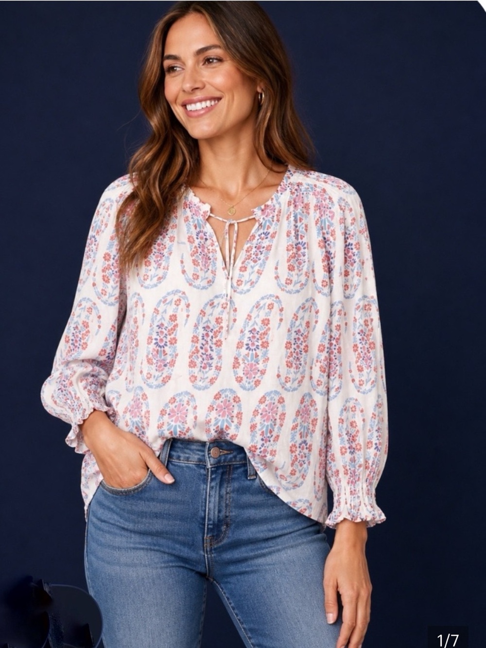 Talbots Paisley Print Smocked Bishop Sleeve Tie Neck Blouse White LP